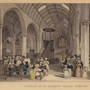 Interior of St Andrews Church, Plymouth, Devon (coloured engraving)