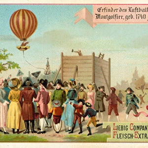 Invention of the hot air balloon by the Montgolfier Brothers, France, 1783 (chromolitho)