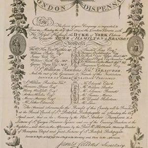 Invitation to a dinner held by the the London Dispensary at the London Tavern, 16 April 1804 (engraving)