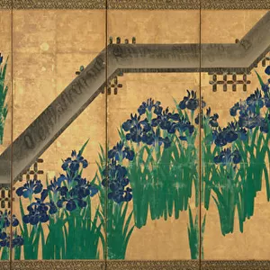 Irises at Yatsuhashi (Eight Bridges), c. 1709 (ink and color on gold leaf on paper)