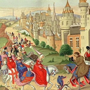 Isabella, Queen of England, is welcomed at the gates of Paris by her brother King Charles IV of France, from the manuscript Chroniques (facsimile edition)