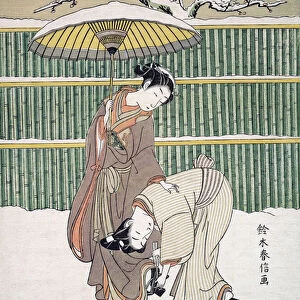 Japanese Lovers walking in Snow, pub. C. 1768 (colour woodblock print)