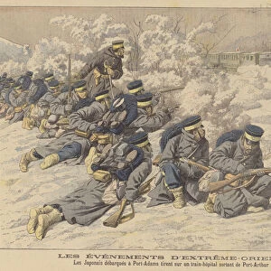 Japanese soldiers firing on a hospital train leaving the Russian-held city of Port Arthur, Manchuria (colour litho)