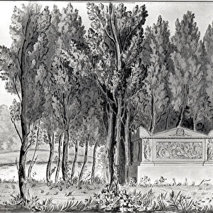 Jean-Jacques Rousseaus (1712-78) tomb at Ermenonville (drawing) (b / w photo)