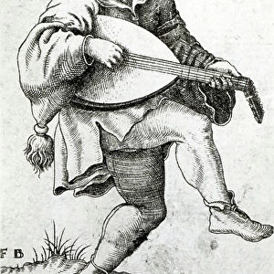Jester with a lute (engraving) (b/w photo)