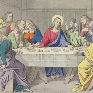 Jesus institutes the Holy Eucharist (coloured engraving)