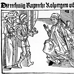 Jewish Moneylender with his family receiving clients, 1491 (wood engraving)