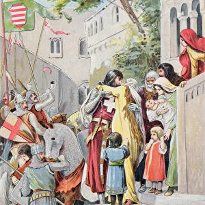 John Hunyadi embraces his wife, Erzsebet Szilagyi, as he departs for battle, c