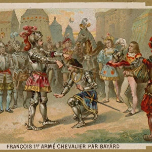 King Charles I of France knighted by Chevalier de Bayard after the Battle of Marignano, 1515 (chromolitho)
