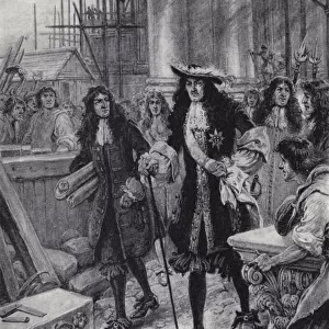 King Charles II overseeing the rebuilding of St Pauls Cathedral after the Great Fire of London, 1666 (litho)