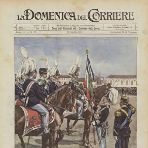 The King Delivers The Old Glorious Flag, Removed From The Turin Armory, To The Artillery In The... (colour litho)