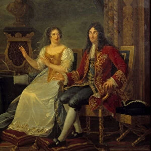 King of France Louis XIV with Madame de Maintenon. Detail of the painting "Jean Racine (1639-1699) reading "Athalie"before Louis XIV (1638-1715) and Francoise d Aubigne