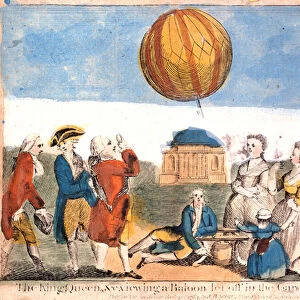 The King, Queen etc. viewing a baloon let off in the garden of Windsor Castle (print)