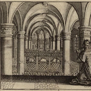 King Solomon dedicating the temple he built in Jerusalem to God (engraving)