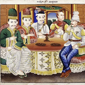 King Thibaw with dignitaries and a British officer (w / c on textile)