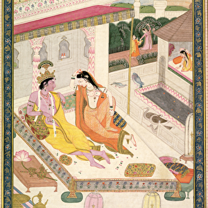Krishna and Radha on a bed in a Mogul palace, Punjab, c. 1860 (gouache on paper)