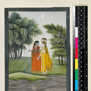 Krishna and Radha walking by the Jumna in the moonlight having exchanged clothes