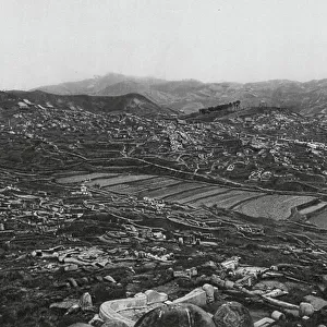 Kuangchou, Pai yun shan, Kuangtung, Numerous graves in the hills north of Canton, View to north, Mountain of the White Clouds (b/w photo)