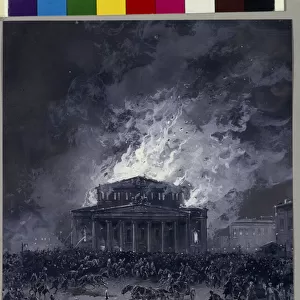 L incendie du theatre du Bolchoi a Moscou (Russie), le 11 mars 1853 (Mouvement de la foule devant le batiment et l arrivee des pompiers) - Oeuvre de Nikolai Nikolayevich Karasin (1842-1908), gouache sur papier - Art russe