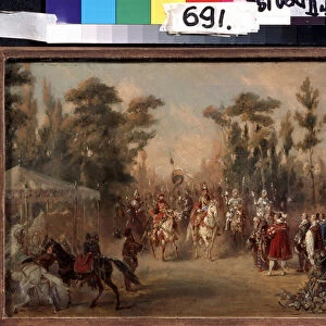La chasse du tsar au 16eme siecle (The tsars hunting in the 16th century). Oeuvre de Adolf Charlemagne (1826-1901). Huile sur carton, 17, 7 x 26, 4 cm, 1858, art russe. State Tretyakov Gallery, Moscou