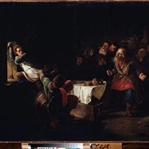 La fuite du faux Dimitri (ou Dimitri II, imposteur, de son vrai nom Gregori Otrepiev, 1582-1606) (The Flight Of False Dmitry). Peinture de Grigori (Grigoriy, Grigory) Grigoryevich Myasoyedov (Myasoedov, Miasoedov) (1834-1911), huile sur toile
