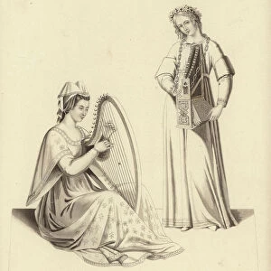Ladies playing on the harp and organ, beginning of the 14th century (engraving)