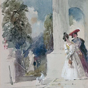 Two Ladies standing beside a Pillared Portico