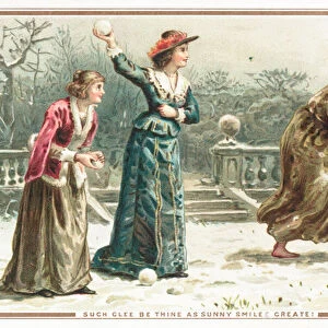Ladies throwing snowballs at old man, Christmas Card (chromolitho)