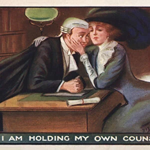 Lady embracing her lawyer (colour litho)