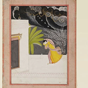 Lady on a terrace seeking shelter from the rains, early 19th century (gouache with gold on paper)