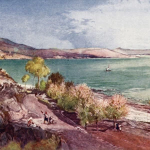 The Lake of Galilee, looking North from Tiberias (colour litho)