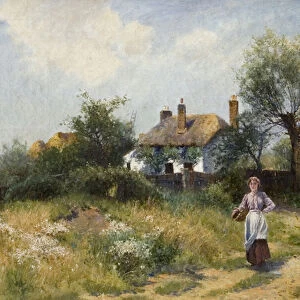 Landscape with Cottage Woman, late 19th-20th century (oil on canvas)