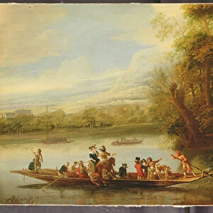 A landscape with a crowded ferry crossing the water in the foreground (oil on canvas)