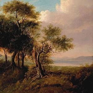 Landscape, Trees in the Foreground, Lake and Hills in the Distance (oil on canvas)