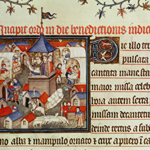 Lat 962 f. 264 Miniature of a bishop blessing the annual fair or market held for two weeks