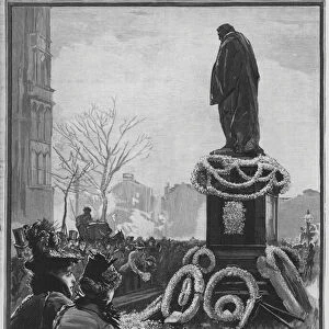 Laying wreaths at the foot of the statue of English statesman Benjamin Disraeli on Primrose Day, the anniversary of his death, Westminster, London, 19 April 1892 (litho)