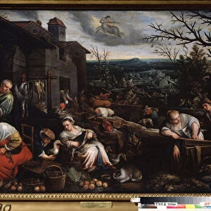"Le mois de novembre"(November) Une femme grillent des chataignes, une autres occupe de preparer les oies. Symbole du signe du sagittaire dans le ciel
