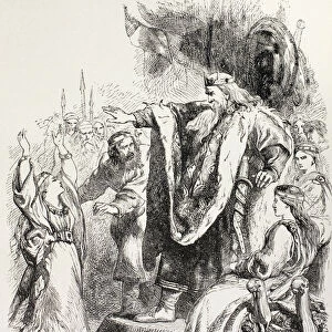 Lear believes Cordelia does not love him and banishes her, illustration from King Lear