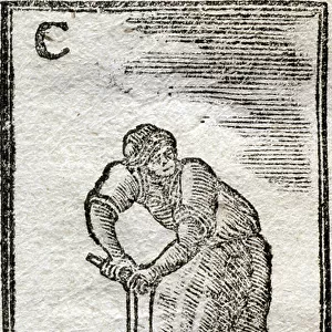 Letter C Charron (makes carts and plows). Engraving in " Instructive abecedaire des arts et metiers". A work in which a child, while having fun, can learn about the most useful Arts to the Society
