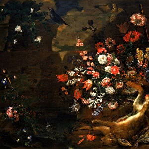 Still life with flowers and game