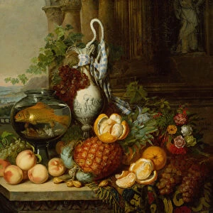 Still Life with Fruit, Fishbowl and Landscape, 1850 (oil on canvas)