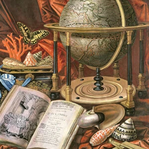 Still Life with a Globe, Books, Shells and Corals (oil on canvas)