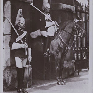 Life guardsmen at the Horse Guards, Whitehall (b / w photo)