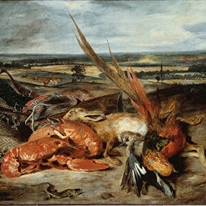 Still life with lobster and trophies of hunting and fishing - oil on canvas, 1827