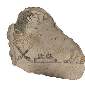 Limestone ostracon with humorous sketches in red and black ink