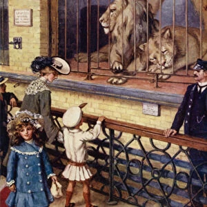 In the Lion House at the Zoo (colour litho)