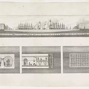A lithograph section of the whole tunnel with three vignettes, c. 1818-39 (lithograph print on paper)
