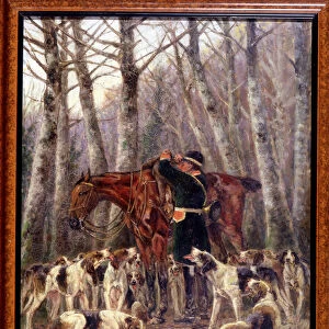 Loading on the horse of a deer killed during a horse hunt - drawing by Georges La Roque, circa 1900