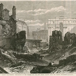 London improvements: Demolitions in the Poultry for the new street leading from the Thames Embankment (engraving)