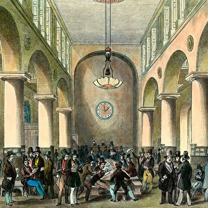 London Stock Exchange: Stock Exchange in London in the 19th century. Engraving